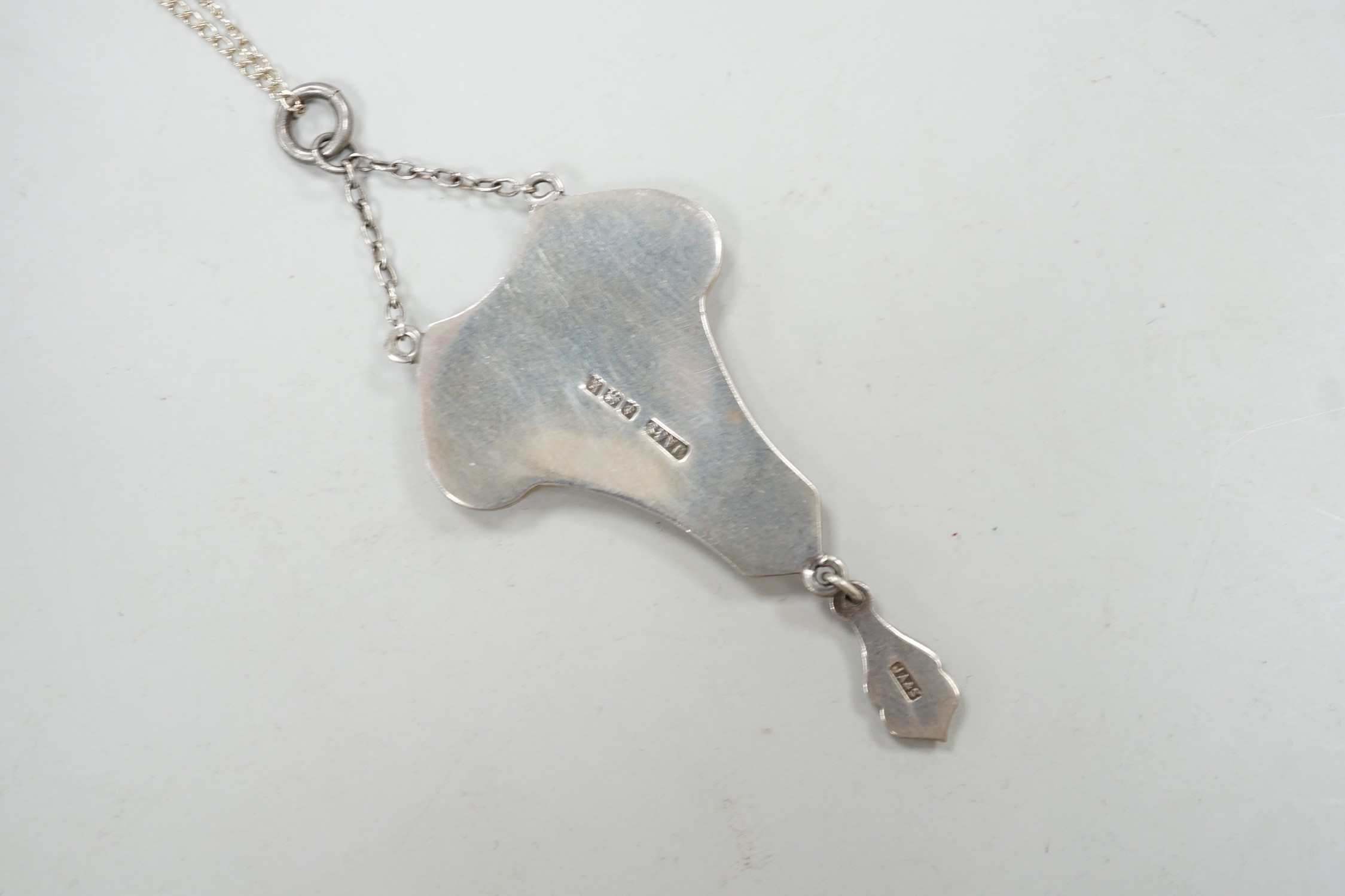 An Edwardian Art Nouveau silver and two colour enamel drop pendant necklace, J. Aitken & Son, Birmingham, 58cm.